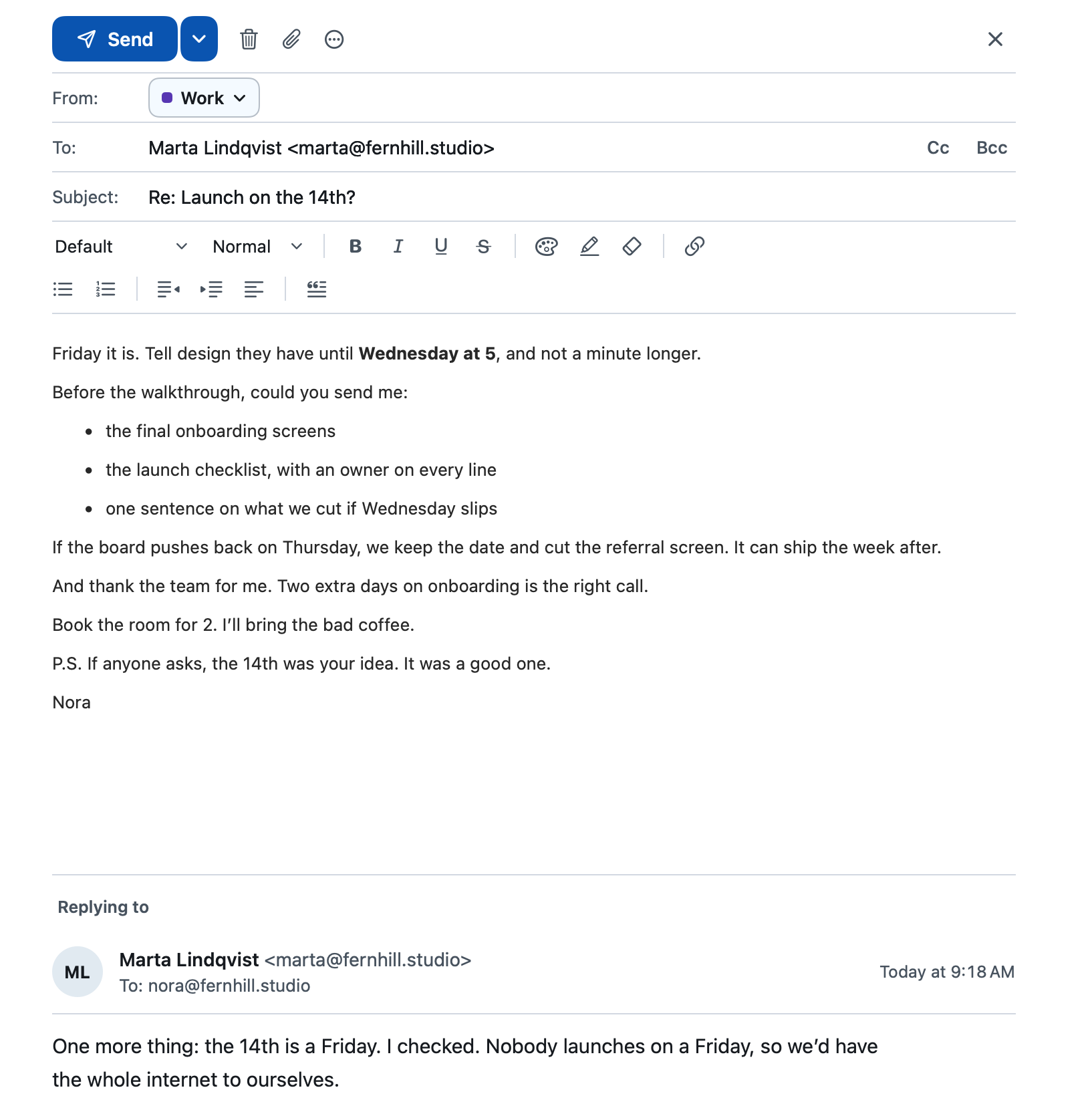 Flipper writing a reply to Marta Lindqvist, with a bold phrase and a short list. Under it, marked Replying to, is her email asking to confirm a Friday launch.